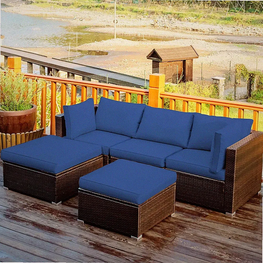Navy Blue 5-Piece Outdoor Rattan Sofa Set with Cushions & Coffee Table