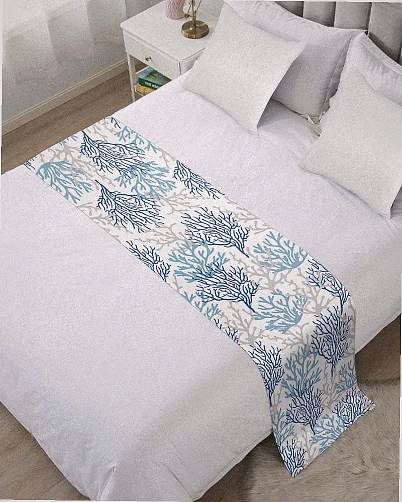 Navy Blue Coral Coastal Bed Runners for King Size Bed, Summer Beach Decorativ...