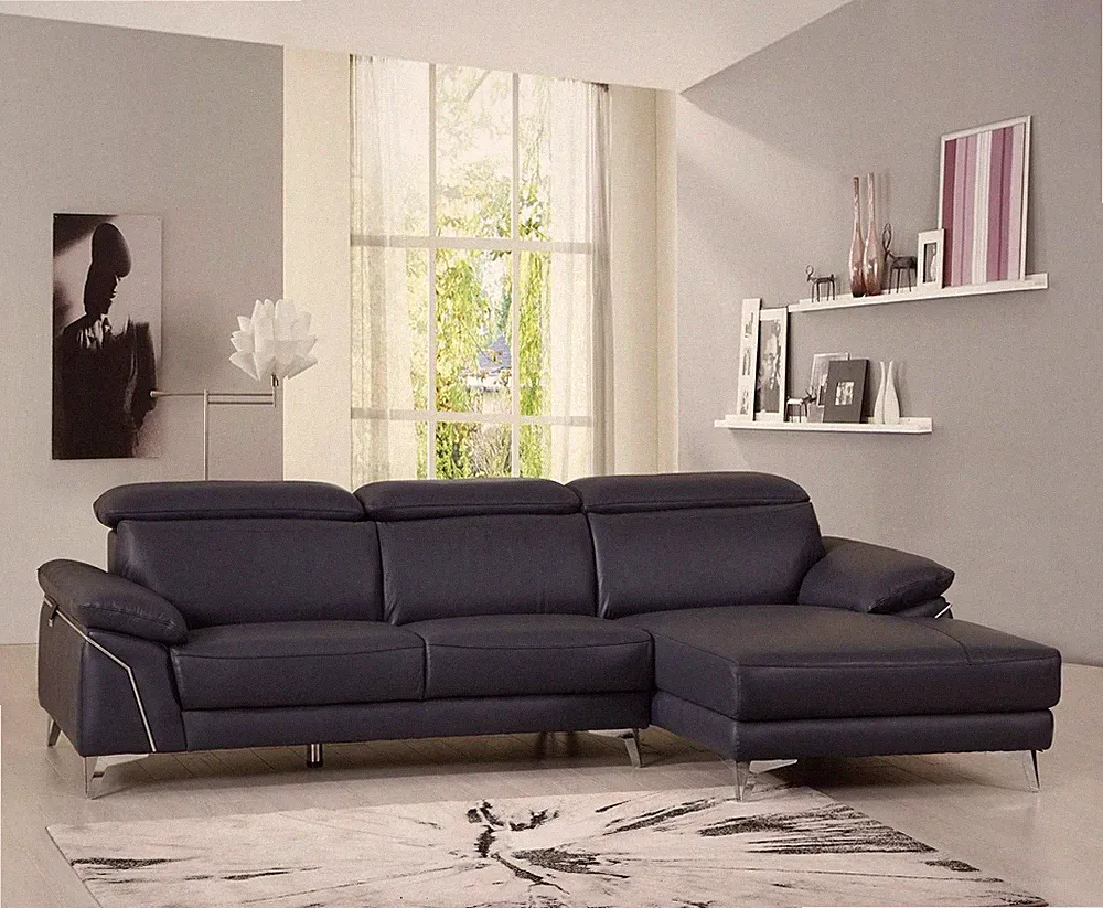 Navy Blue Italian Leather L Shaped Two Piece Sofa and Chaise Sectional