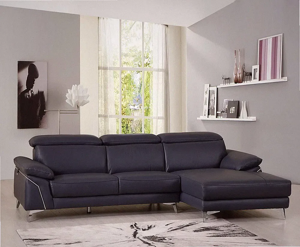 Navy Blue Italian Leather L Shaped Two Piece Sofa and Chaise Sectional