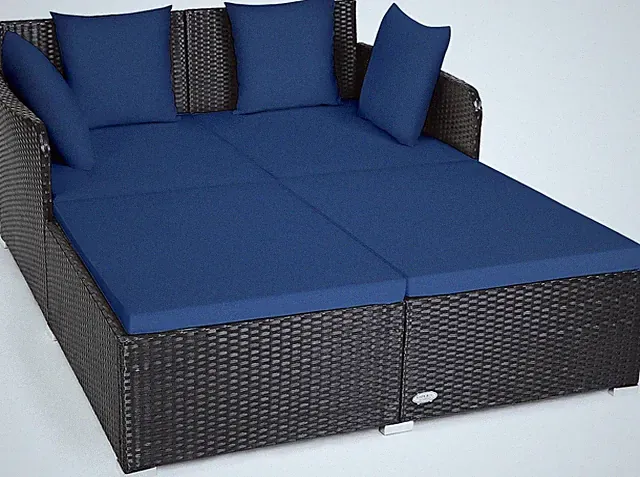 Navy Blue Rattan Outdoor Daybed with Cushions & Pillows for Relaxation