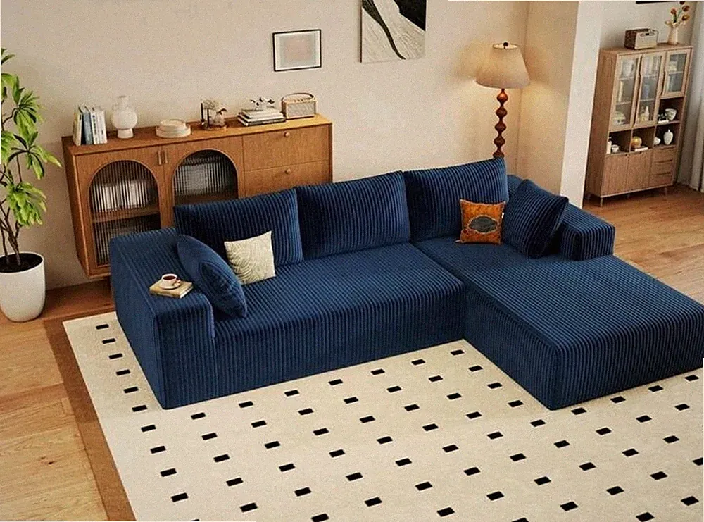 Navy Blue Ribbed Corduroy L-Shape Sectional Sofa Low Profile Chaise Couch