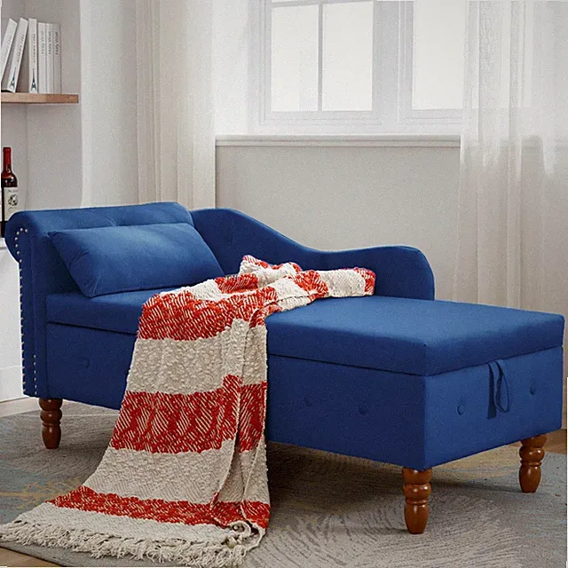 Navy Blue Sleeper Chaise Lounge with Storage Velvet Sofa Bed Includes Pillow US
