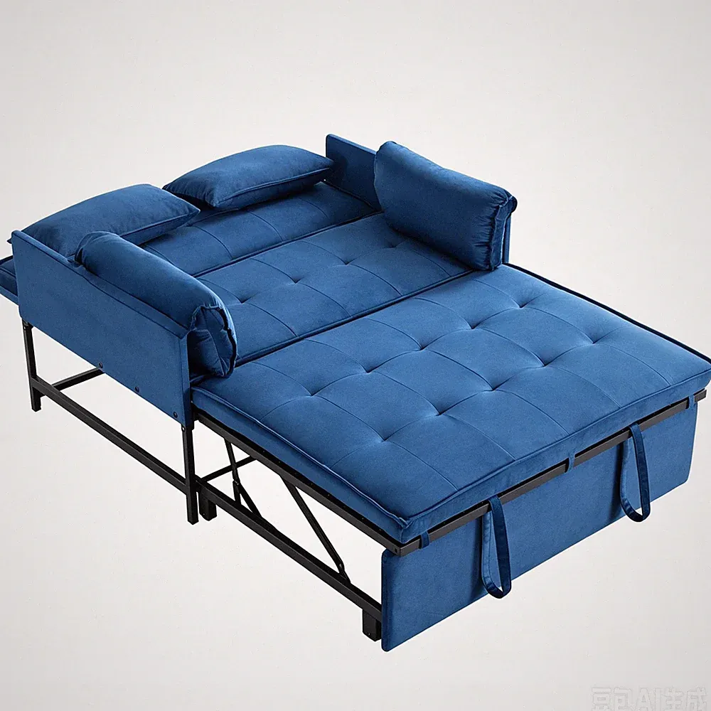 Navy Blue Velvet Pull-out Sleeper Sofa Bed Loveseat 5-Position Recline 2 Pillows
