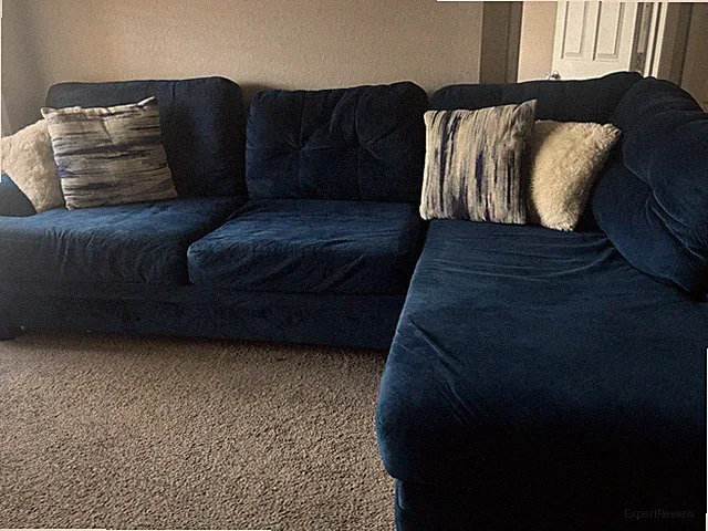 Navy Blue Velvet Sectional Sofa with Cushions, Contemporary, Solid, Used