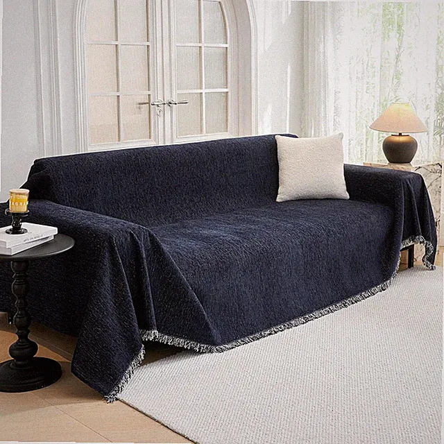 Navy Blue Washable Couch Cover with Tassels for Pets & Kids, 71"x118