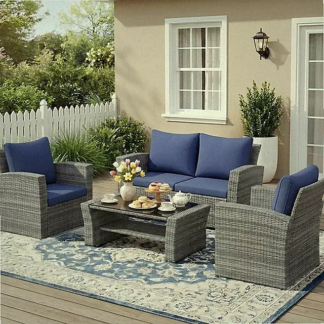 Navy Blue Wicker Patio Furniture Set with High Backrest and Wide Armrests
