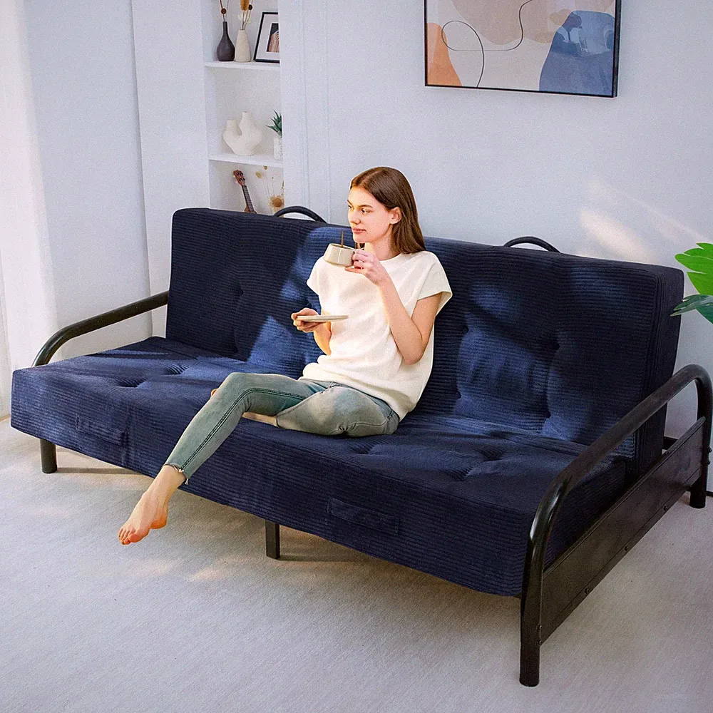 Navy Full Size Tufted Folding Sofa Bed With Handles For Living Room
