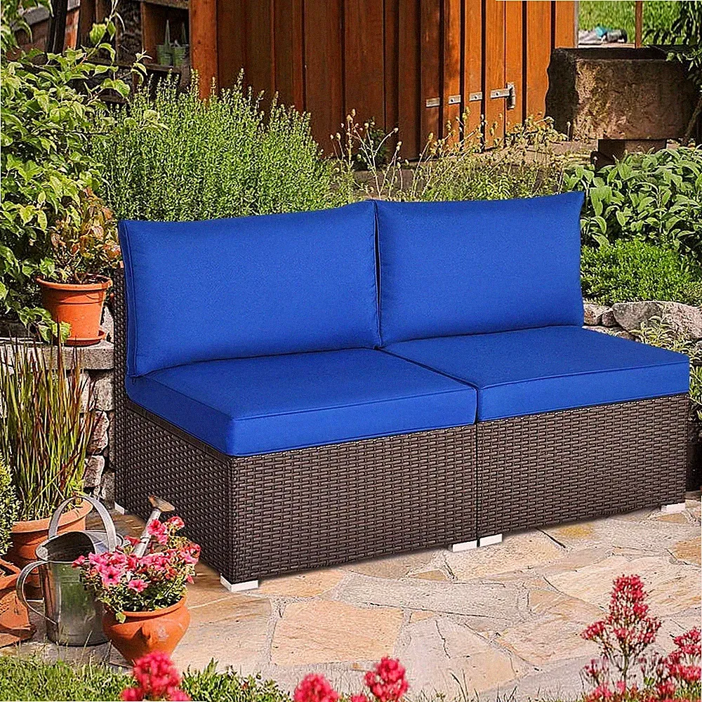 Navy Outdoor Rattan Armless Sectional Chairs 2PC Cushioned Wicker Seating for