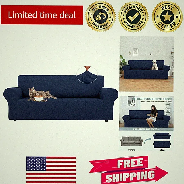 Navy Stretch Slipcover for Large 3-Cushion Sofa - Water-Resistant Comfort