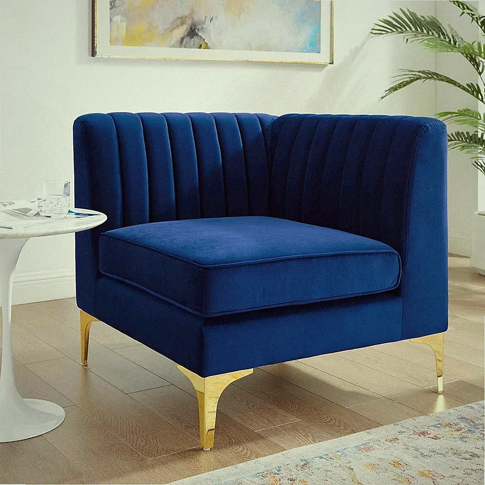 Navy Velvet Channel Tufted Sectional Sofa Corner Chair - Stylish & Comfortable