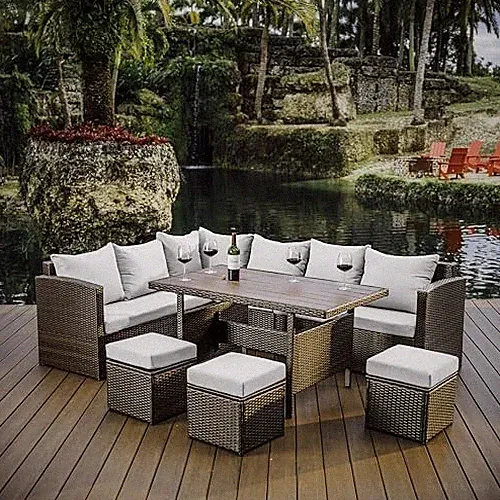 NESTL WICKER OUTDOOR FURNITURE SET - 7 PIECE - - BROWN FRAME/OFF WHITE CUSHIONS