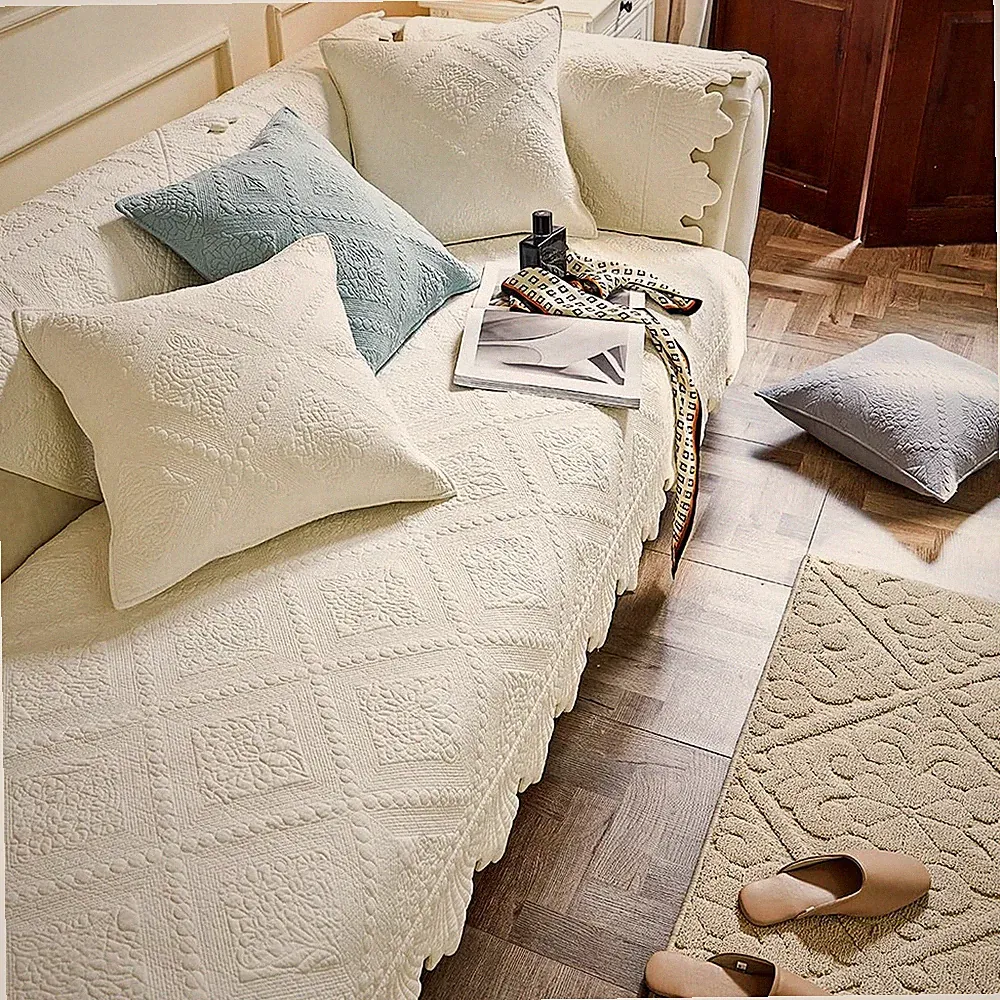 Neutral Cotton Quilted Couch Sofa Cover Floral Embroidery Non-Slip Sectional...