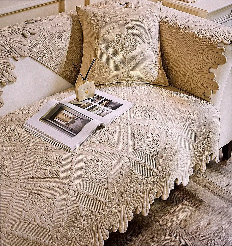 Neutral Cotton Quilted Couch Sofa Cover Floral Embroidery Non-Slip Sectional...