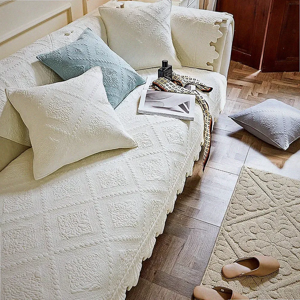 Neutral Cotton Quilted Couch Sofa Cover Floral Embroidery Non-Slip Sectional Cou