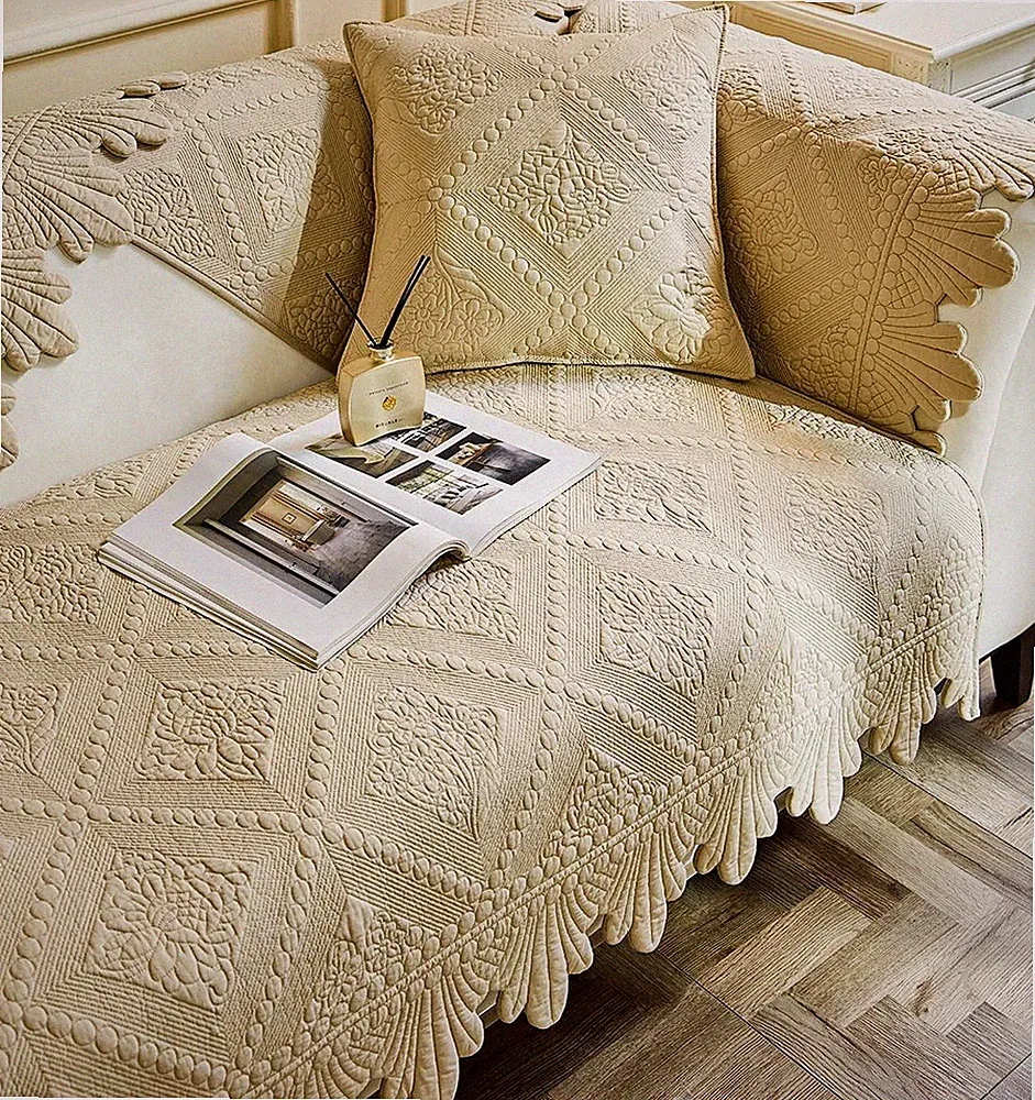 Neutral Cotton Quilted Couch Sofa Cover Floral Embroidery Non-Slip Sectional...