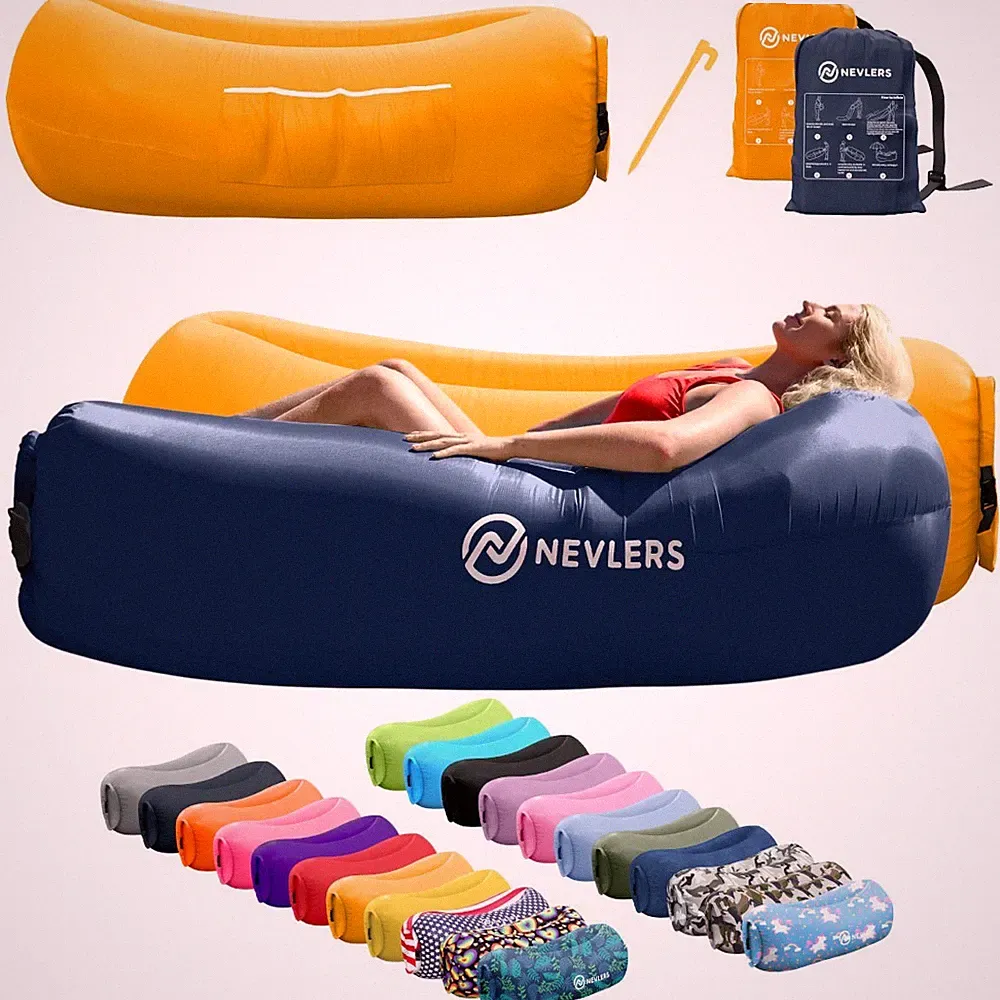 Nevlers Inflatable 2 Pack Navy & Saffron Blow Up Lounger Beach Sofa Bed Chair