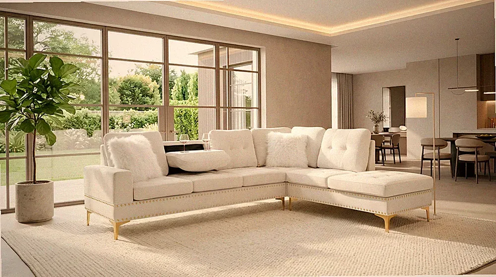 NEW 101" Wide Beige Velvet Sectional Modern Glam w/ Cupholders, Gold Legs & Trim
