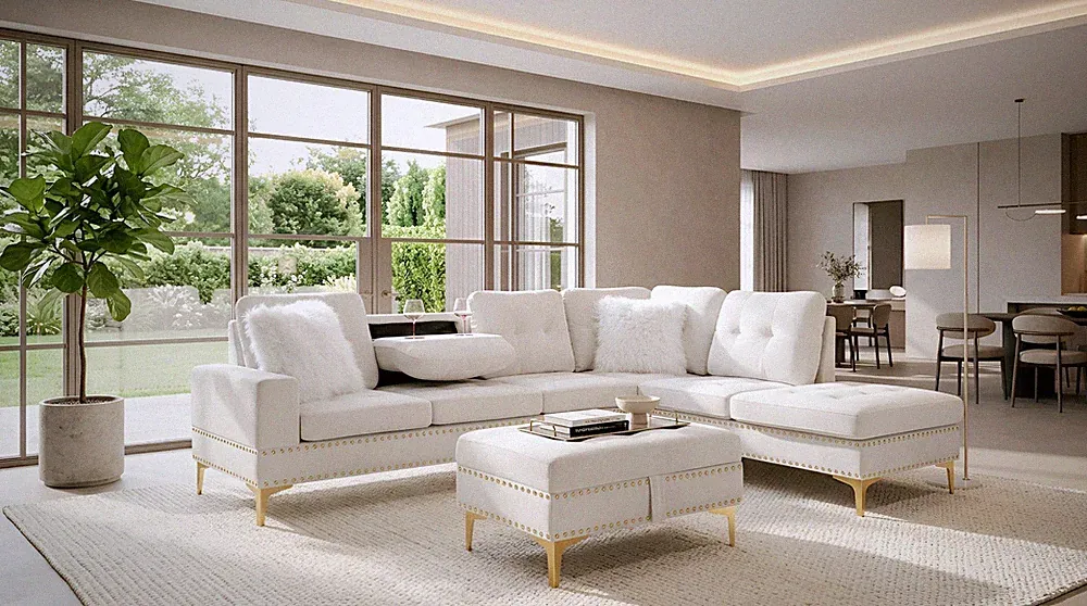 NEW 101" Wide Beige Velvet Sectional & Storage Ottoman Modern Glam w/ Cupholders