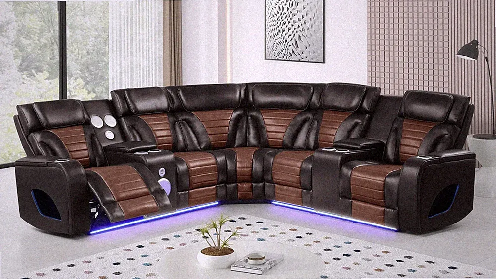 NEW 101" Wide LED Modern Sectional Power Recliner Set w/ BT Speaker & USB Brown