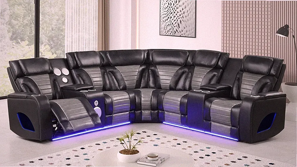 NEW 101" Wide LED Modern Sectional Power Recliner Set with BT Speaker Black Gray