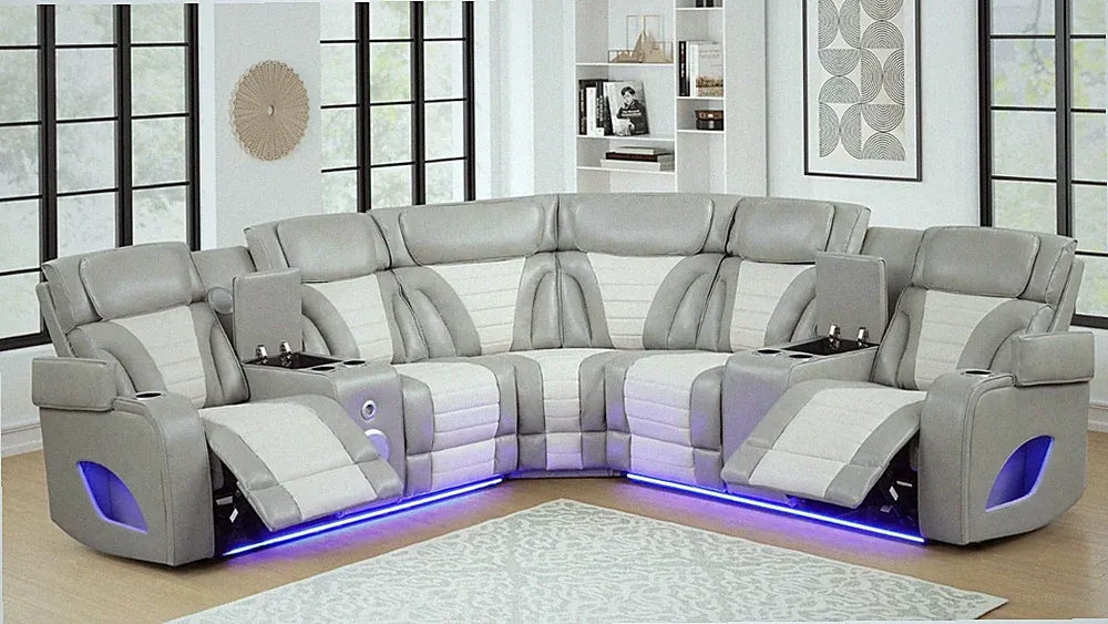 NEW 101" Wide LED Modern Sectional Power Recliner Set with BT Speaker & USB Gray