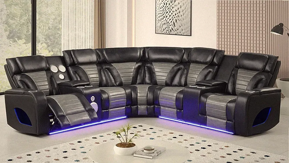 NEW 101" Wide LED Power Recliner Modern Sectional Black Gray Bluetooth Speaker
