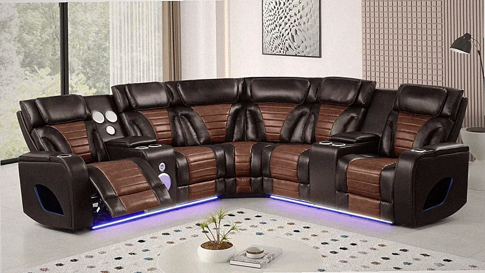 NEW 101" Wide LED Power Recliner Modern Sectional Two-Tone Brown w/ BT Speaker