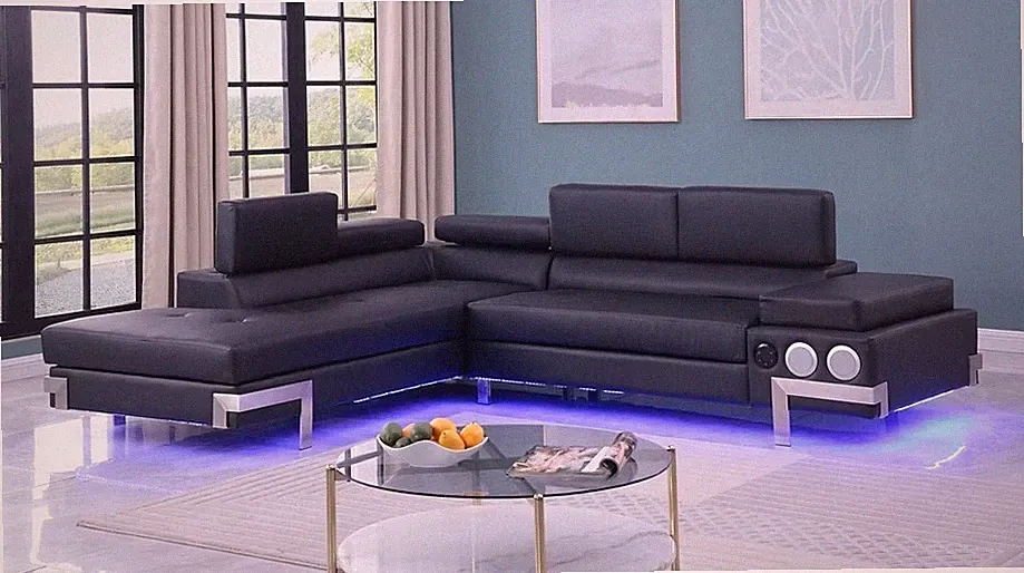NEW 108" LED Contemporary Black Leather Modern Sectional w/ Bluetooth Speaker
