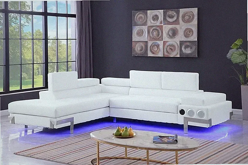 NEW 108" LED Contemporary White Leather Modern Sectional w/ Bluetooth Speaker