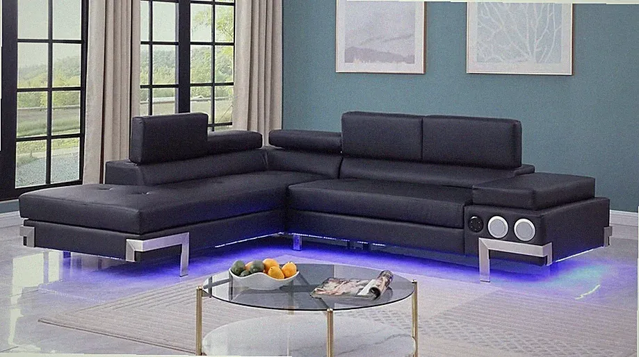 NEW 108" LED Modern Black Contemporary Leather Sectional w/ Bluetooth Speaker