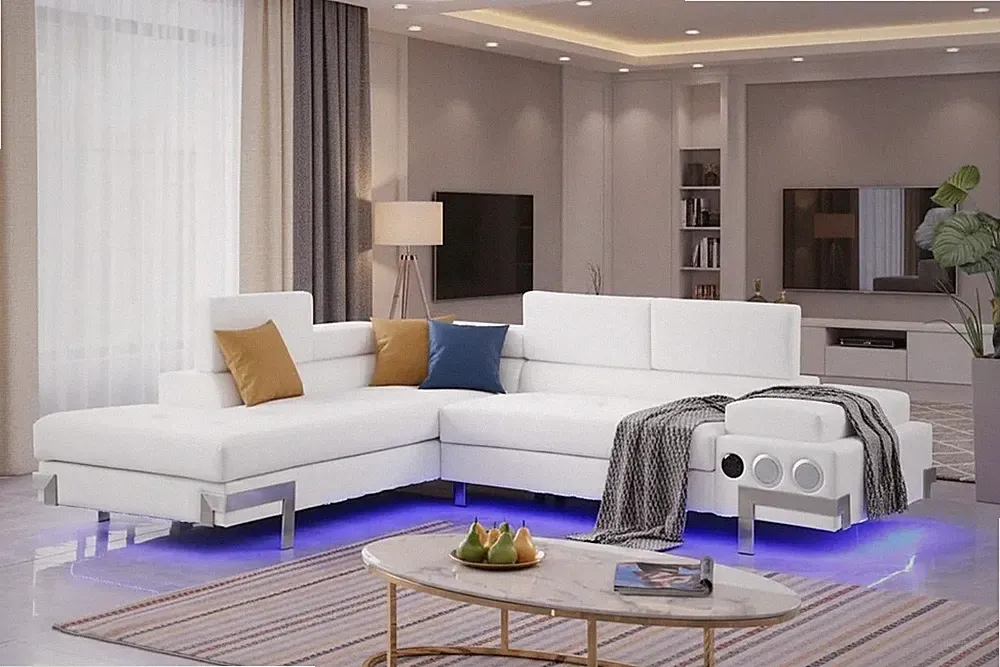 NEW 108" LED Modern White Contemporary Leather Sectional w/ Bluetooth Speaker