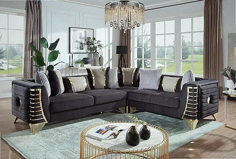 NEW 112" Sectional Sofa Black Gold Two-Tone Velvet Contemporary Glam Living Room