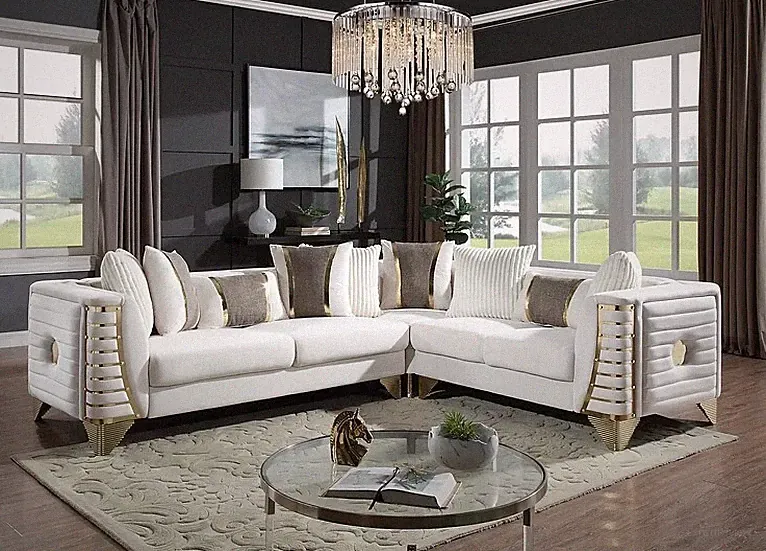 NEW 112" Sectional Sofa White Gold Two-Tone Velvet Contemporary Glam Living Room