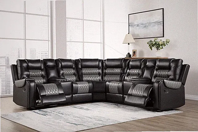 NEW 115" Sectional 2-Recliners Two-Tone Black Gray Leather Gel Modern Living Set