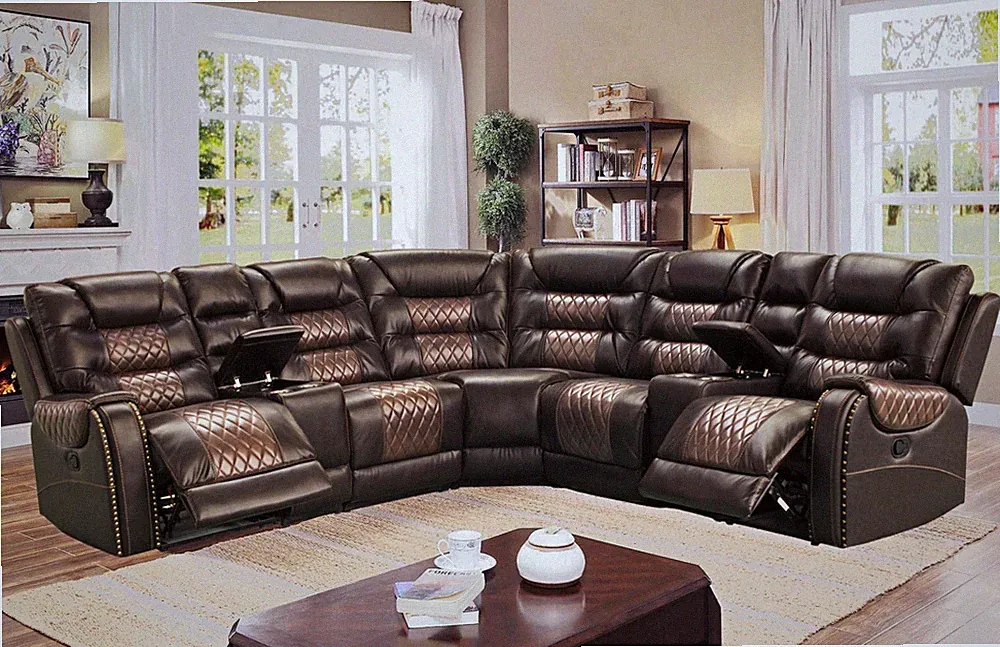 NEW 115" Sectional 2-Recliners Two-Tone Brown Leather Gel Traditional Rustic Set