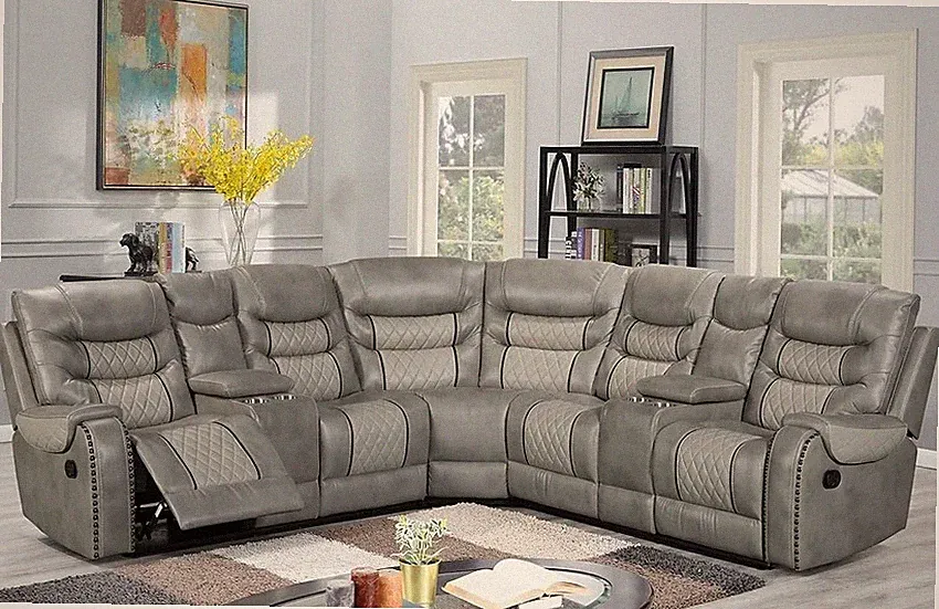 NEW 115" Two-Tone Gray Leather 2-Recliner Sectional Modern Rustic Living Room