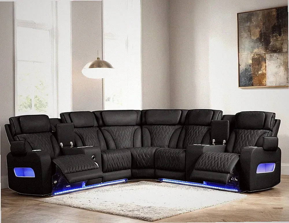 NEW 115" Wide LED Power Recliner Adj Headrest Modern Sectional Black BT Speaker