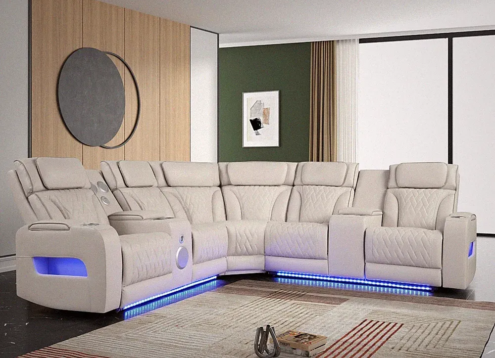 NEW 115" Wide LED Sectional Power Recliner & Adj Headrest w/ BT Speaker Biege