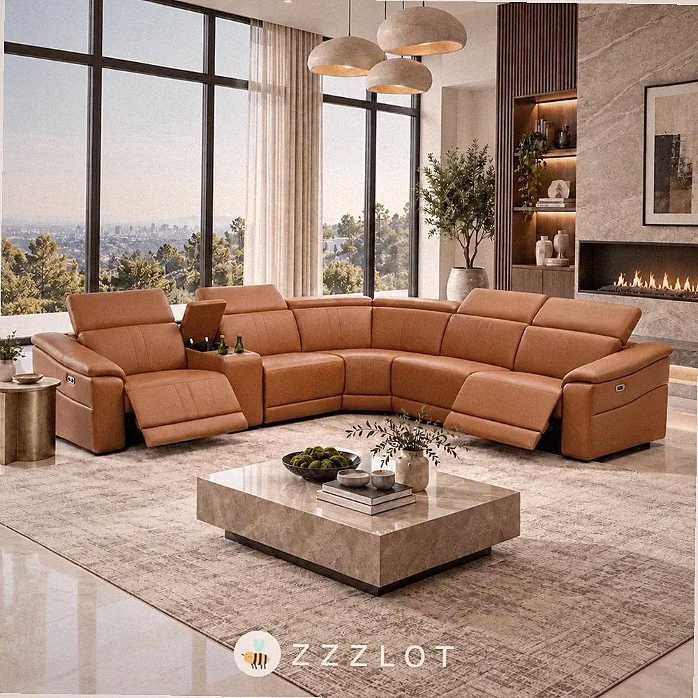NEW 119" Wide Power Recliner Sectional Saddle Tan Contemporary Living Room Set