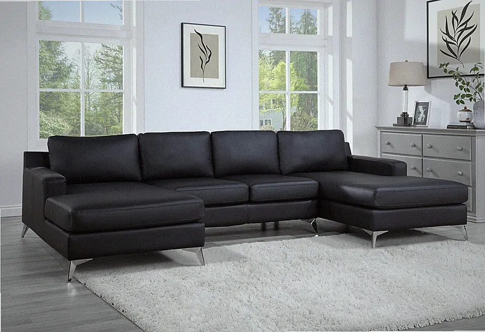 NEW 122" Modern U-Shape Sectional Double Chaise Black Vegan Leather Sofa Living