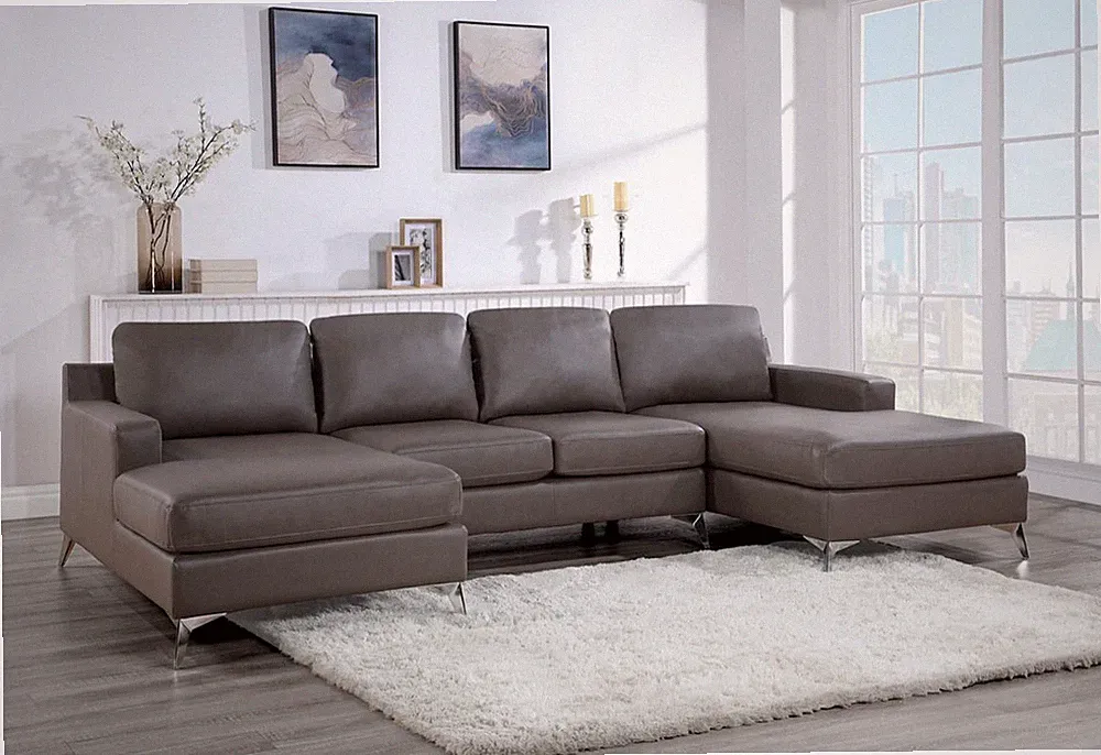 NEW 122" Modern U-Shape Sectional Double Chaise Bronze Gray Vegan Leather Sofa
