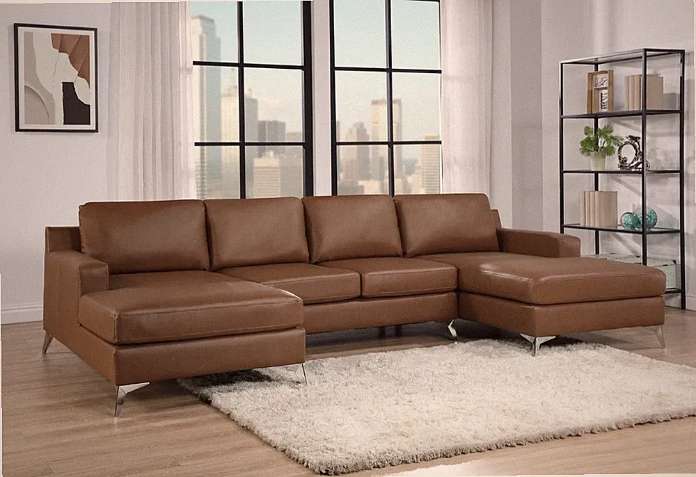 NEW 122" Modern U-Shape Sectional Double Chaise Brown Vegan Leather Sofa Living