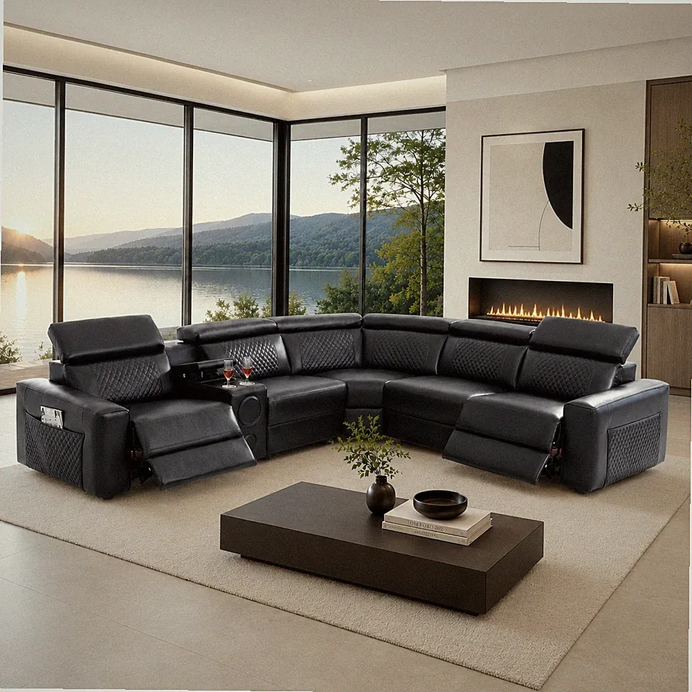 NEW 123" Modern Power 2-Recliner Sectional Adj Headrests Black Living BT Speaker