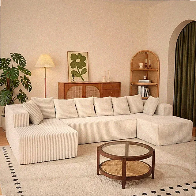 130" Cloud Corduroy U-Shaped Modular Sofa, No Assembly, Beige