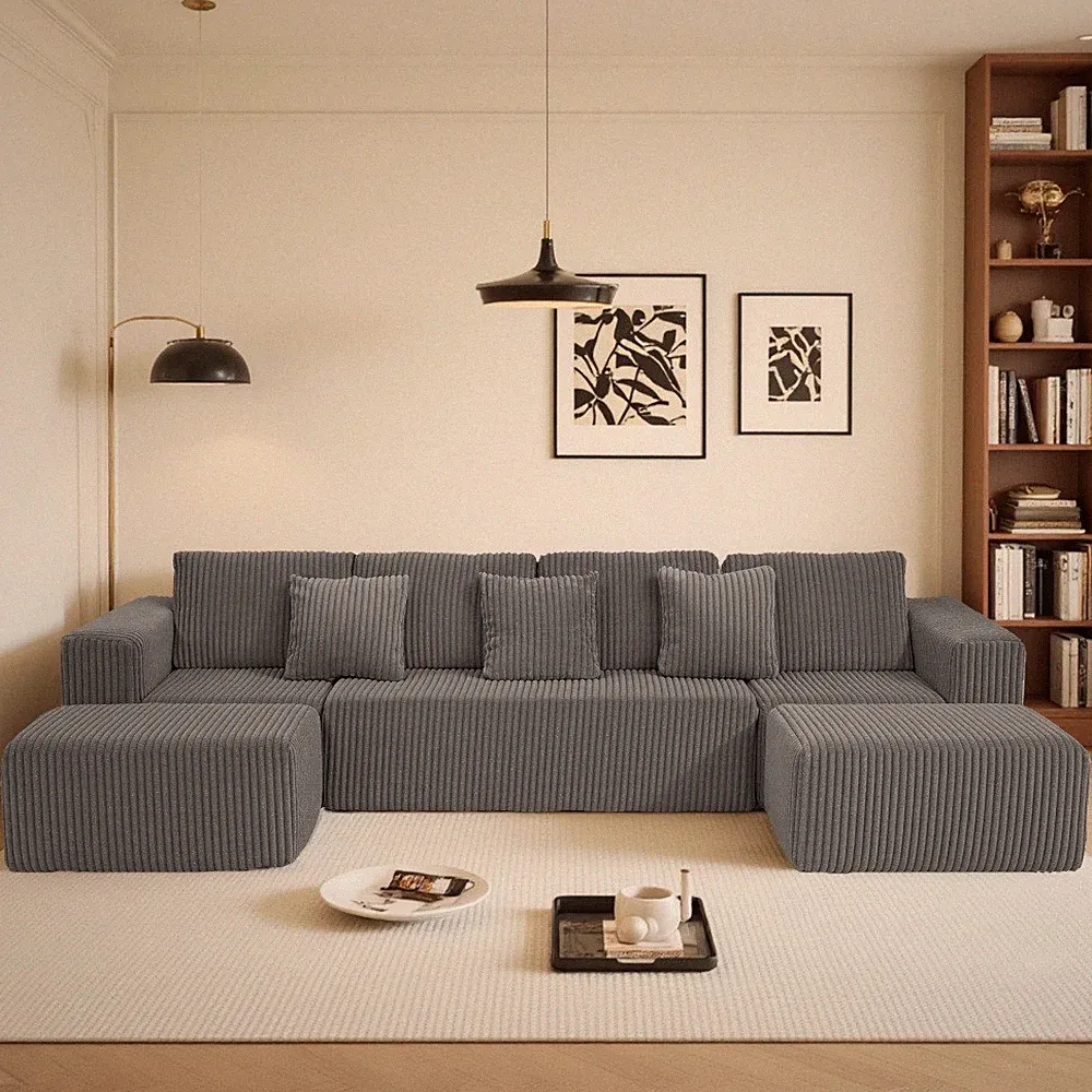 NEW 132" Modular U-Shaped Sectional, Gray Striped Corduroy, Reversible Chaise