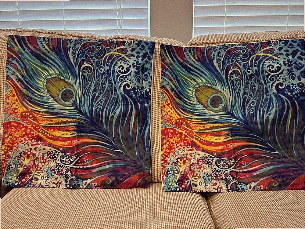 New 2 Decorative Throw Pillow Covers for Couch Sofa Bed Peacock Feather 17x17