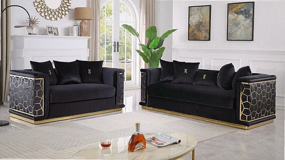 NEW 2PC Black Gold Sofa Loveseat Luxe Velvet Contemporary Glam Living Room Set