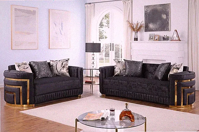 NEW 2PC Black Gold Sofa Loveseat Luxe Velvet Contemporary Glam Living Room Set