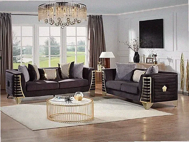 NEW 2PC Black Gold Sofa Loveseat Velvet Luxe Contemporary Glam Living Room Set